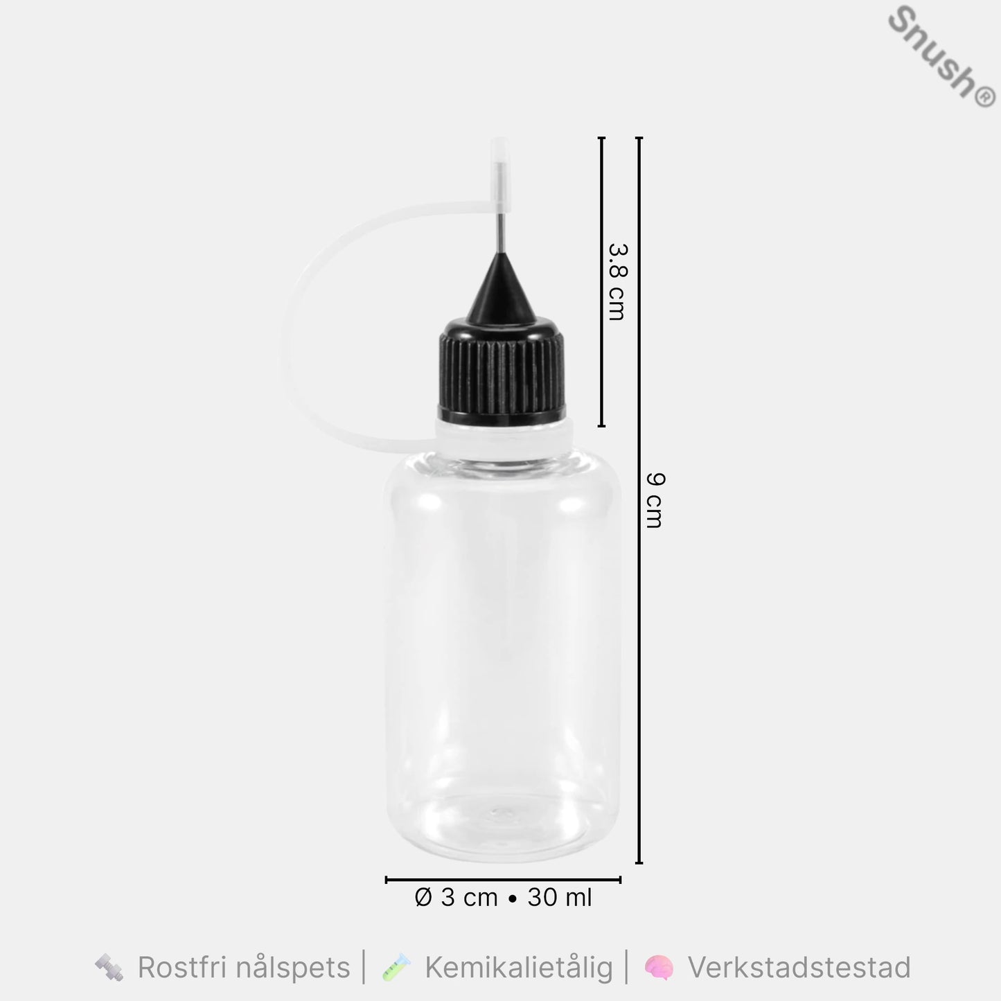 Transparent precisionsflaska 30 ml med rostfri nålspets och mått – kemikalietålig flaska för exakt dosering av vätskor