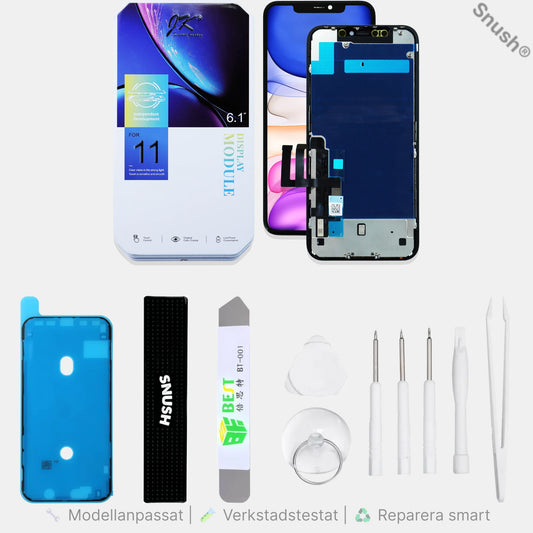 Innehåll i ProLab iPhone 11 skärmkit – skärm, verktyg, skärmtejp och Snush för kontrollerad reparation