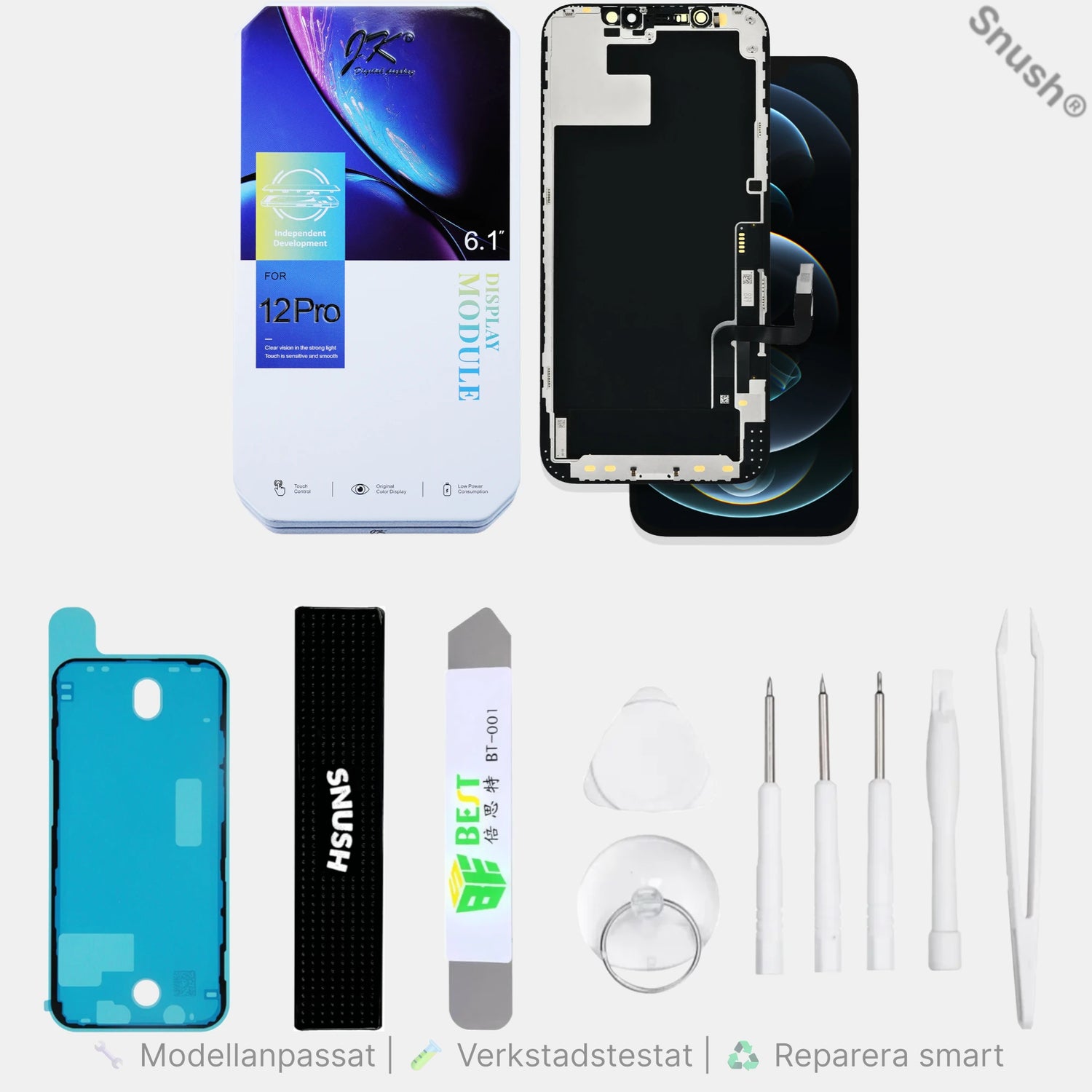 Innehåll i ProLab™ iPhone 12 & 12 Pro skärmkit – skärm, verktyg, skärmtejp och Snush® för kontrollerad reparation