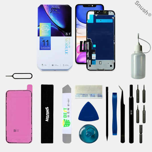 Komplett NNW™ iPhone 11 skärmkit med skärm, verktyg, skärmtejp, Snush® arbetsstöd och tillbehör för skärmbyte