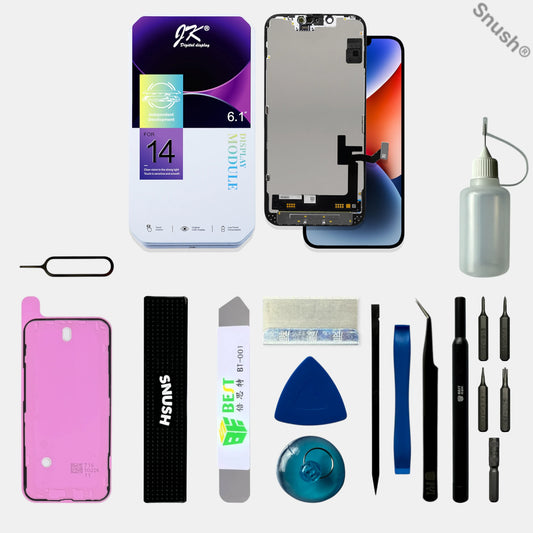 Komplett NNW™ iPhone 14 skärmkit med skärm, verktyg, skärmtejp, Snush® arbetsstöd och tillbehör för skärmbyte