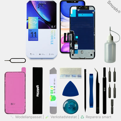 Komplett ProLab™ iPhone 11 skärmkit med skärm, verktyg, skärmtejp, Snush® arbetsstöd och tillbehör för skärmbyte