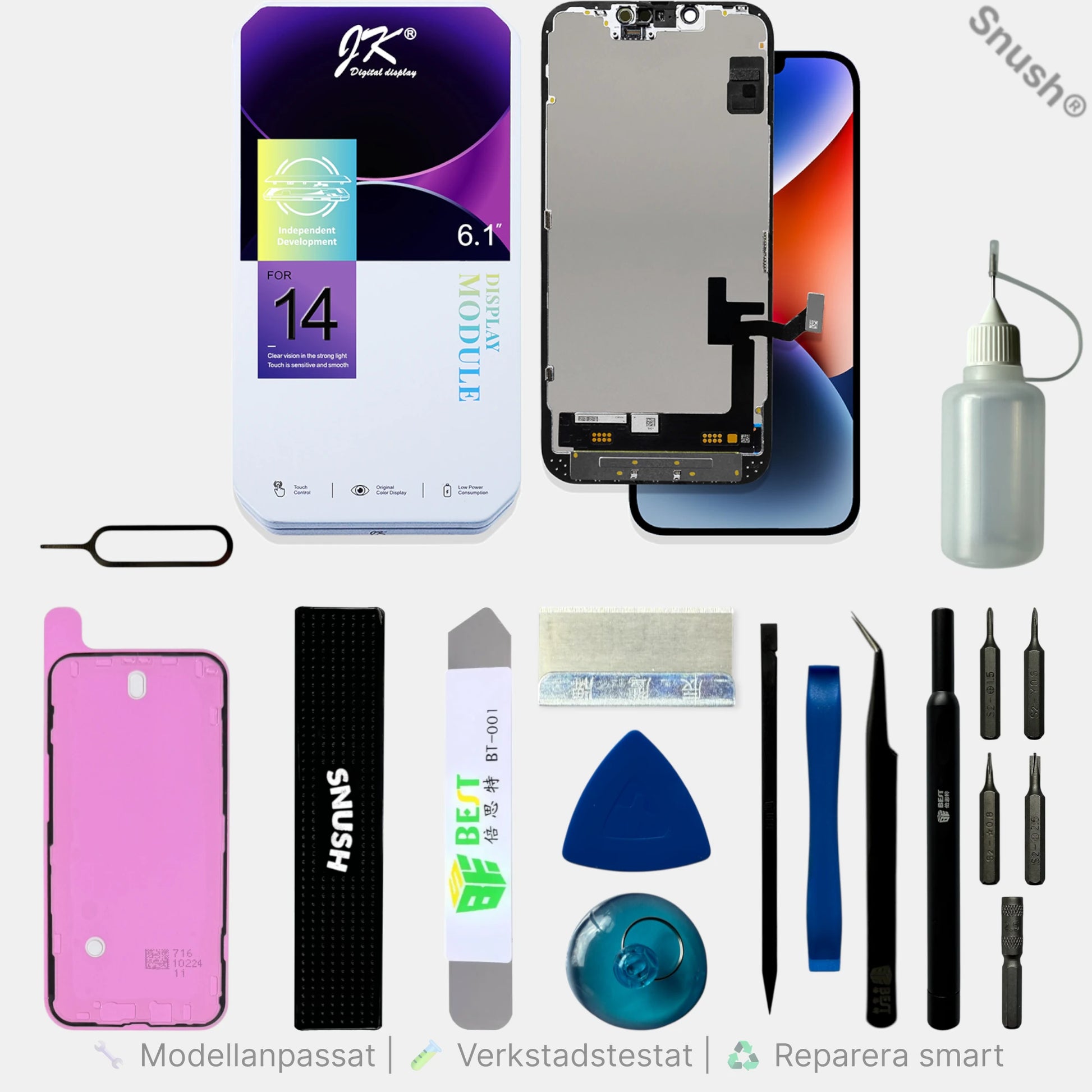 Komplett ProLab™ iPhone 14 skärmkit med skärm, verktyg, skärmtejp, Snush® arbetsstöd och tillbehör för skärmbyte