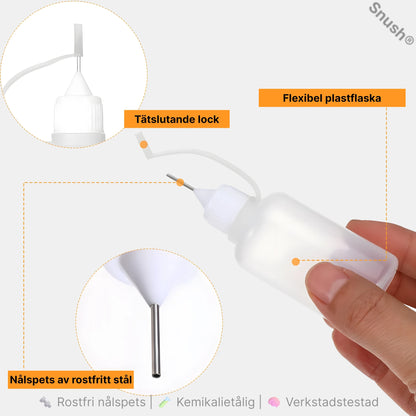 Detaljer på ProLab™ precisionsflaska med rostfri nålspets, tätslutande lock och flexibel plastflaska