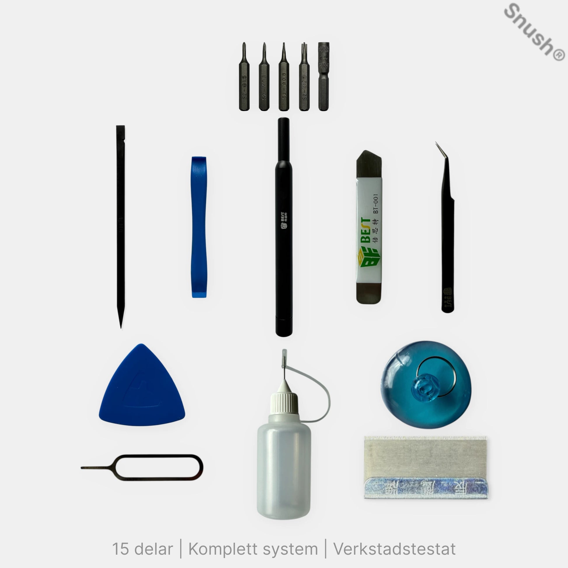 Innehåll i ProLab™ iPhone reparationskit – 15 verktyg och tillbehör för iPhone-reparation och skärmbyte