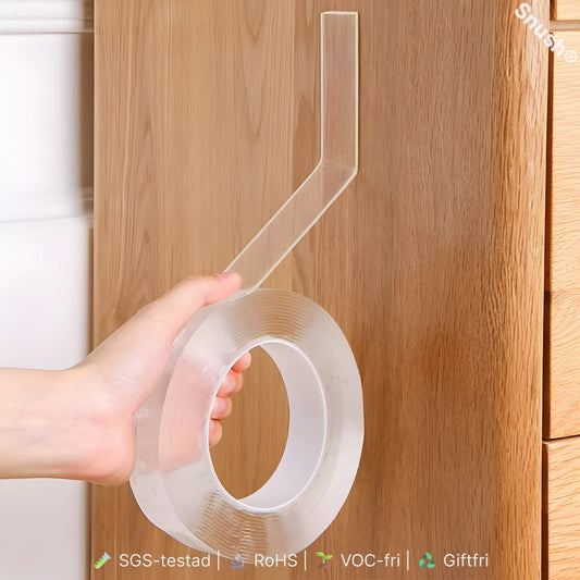 Transparent Snush® geltejp monterad i vardagsmiljö – stark fästning utan skruv