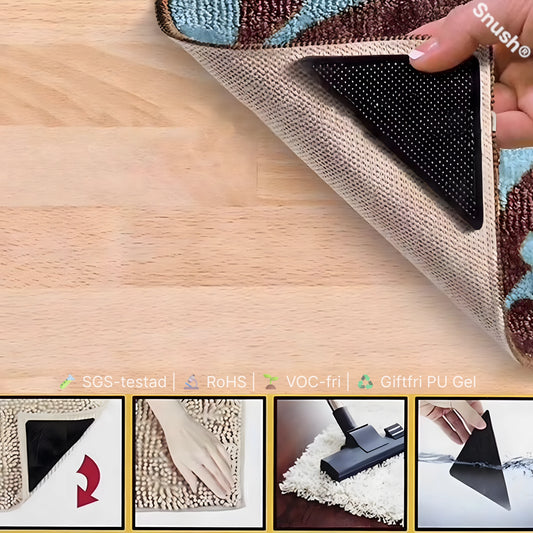 Snush® halkskydd monterat under mattans hörn – förhindrar halkning och uppvik