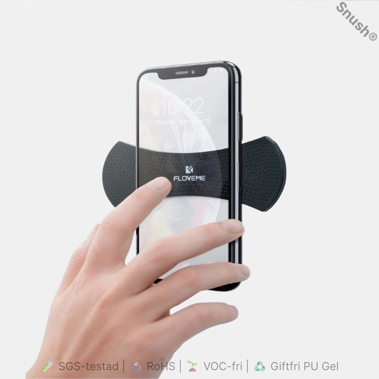 Snush® Sektor – återanvändbar grepp- och stödyta i PU-gel som håller mobilen stadigt utan lim