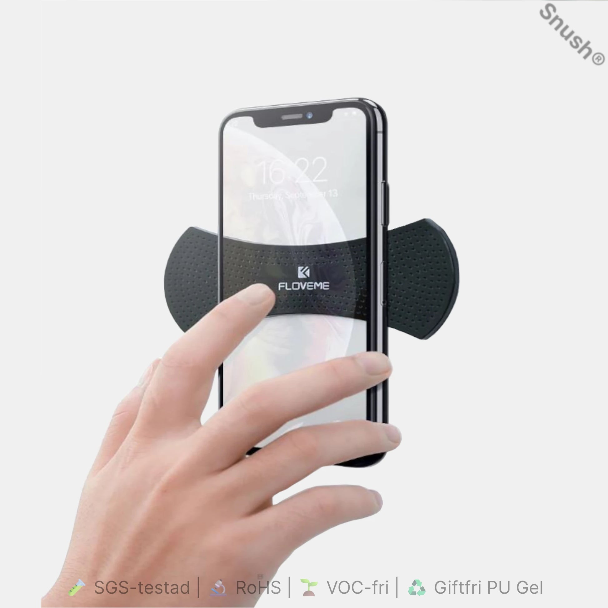 Snush® Sektor – återanvändbar grepp- och stödyta i PU-gel som håller mobilen stadigt utan lim