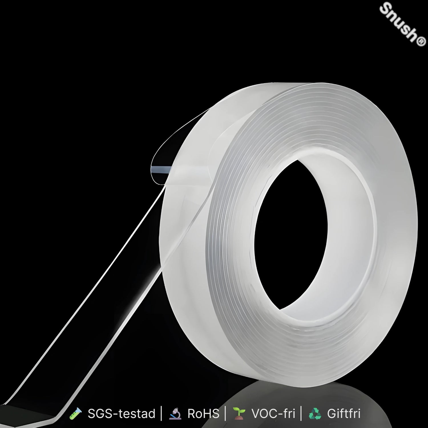 Snush® Tejp 5 m – transparent dubbelhäftande geltejp utan lim, tvättbar och återanvändbar
