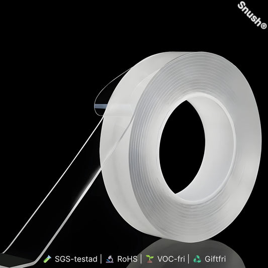 Snush® Tejp 5 m – transparent dubbelhäftande geltejp utan lim, tvättbar och återanvändbar